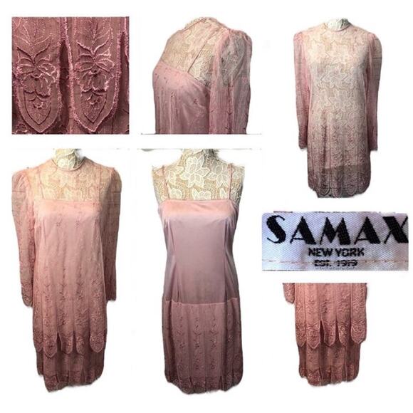 Vintage Samax New York pink lace & sheer tiered dress size medium - Picture 2 of 12